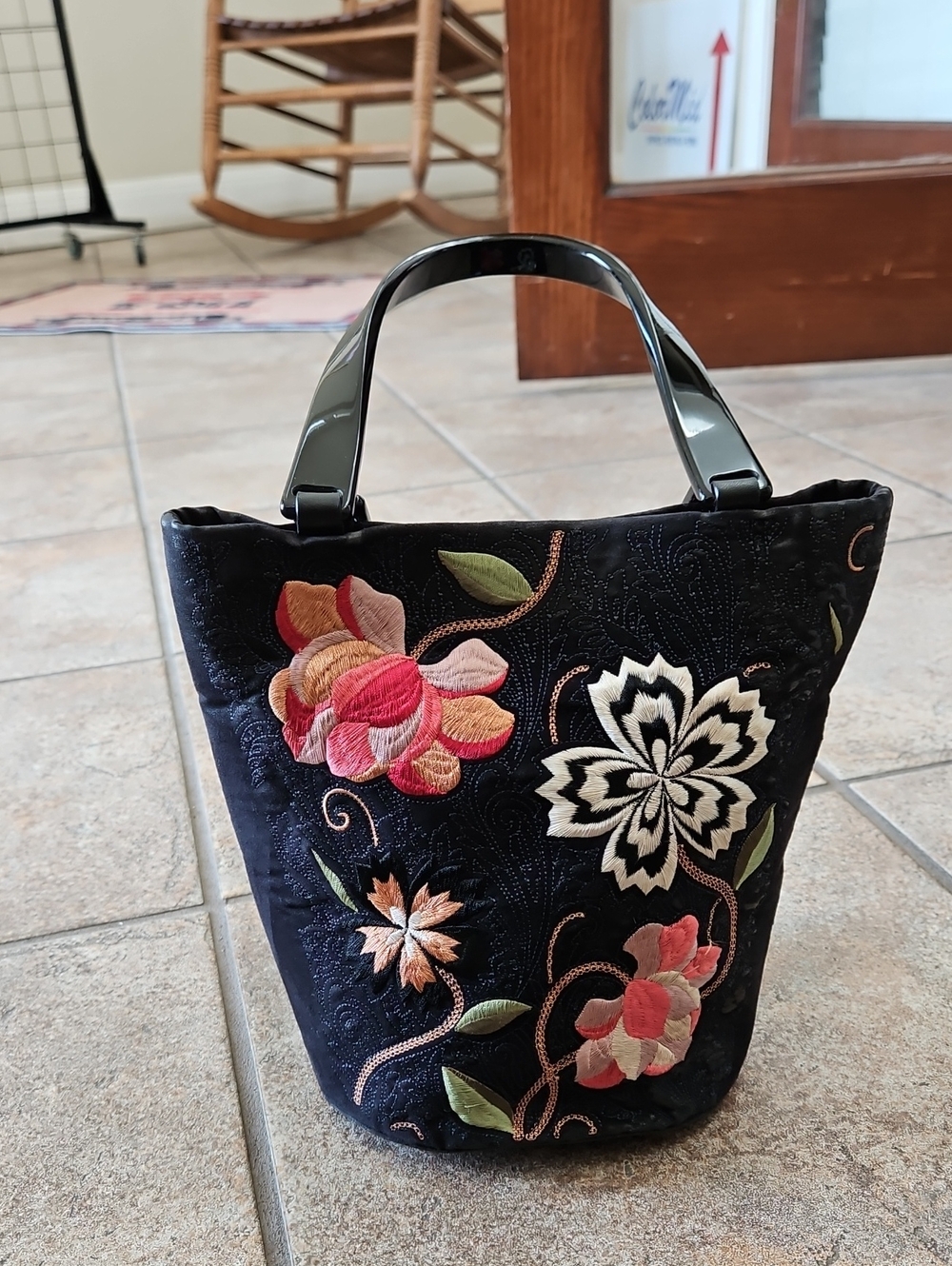Talbots Black Floral Embroidered Tote Bag